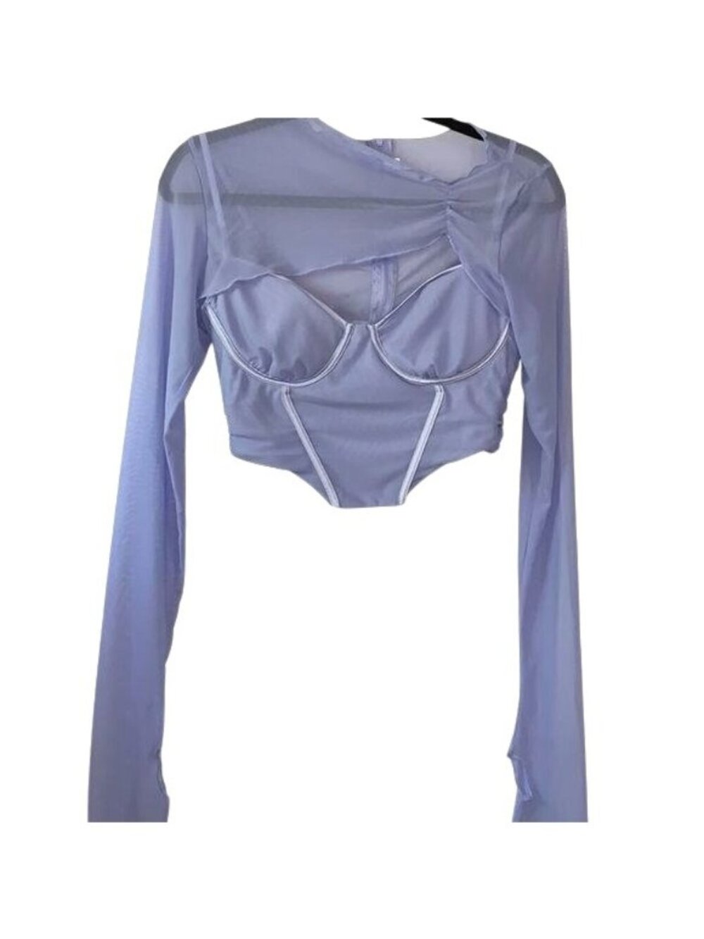 Sheer Mesh Long-Sleeve Corset Style Top With Cutouts Light Blue Size L 95% Polye
